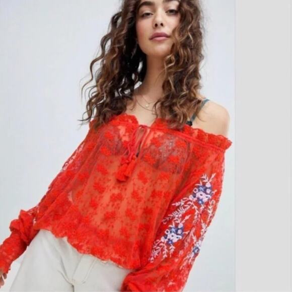Free People Jubilee Embroidered Red Lace Blouse - Picture 3 of 9
